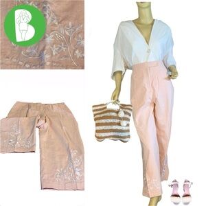 JONATHAN LOGAN LIGHT BLUSH PINK LINEN CROPPED TROUSERS W/FLORAL EMBROIDERY (24)